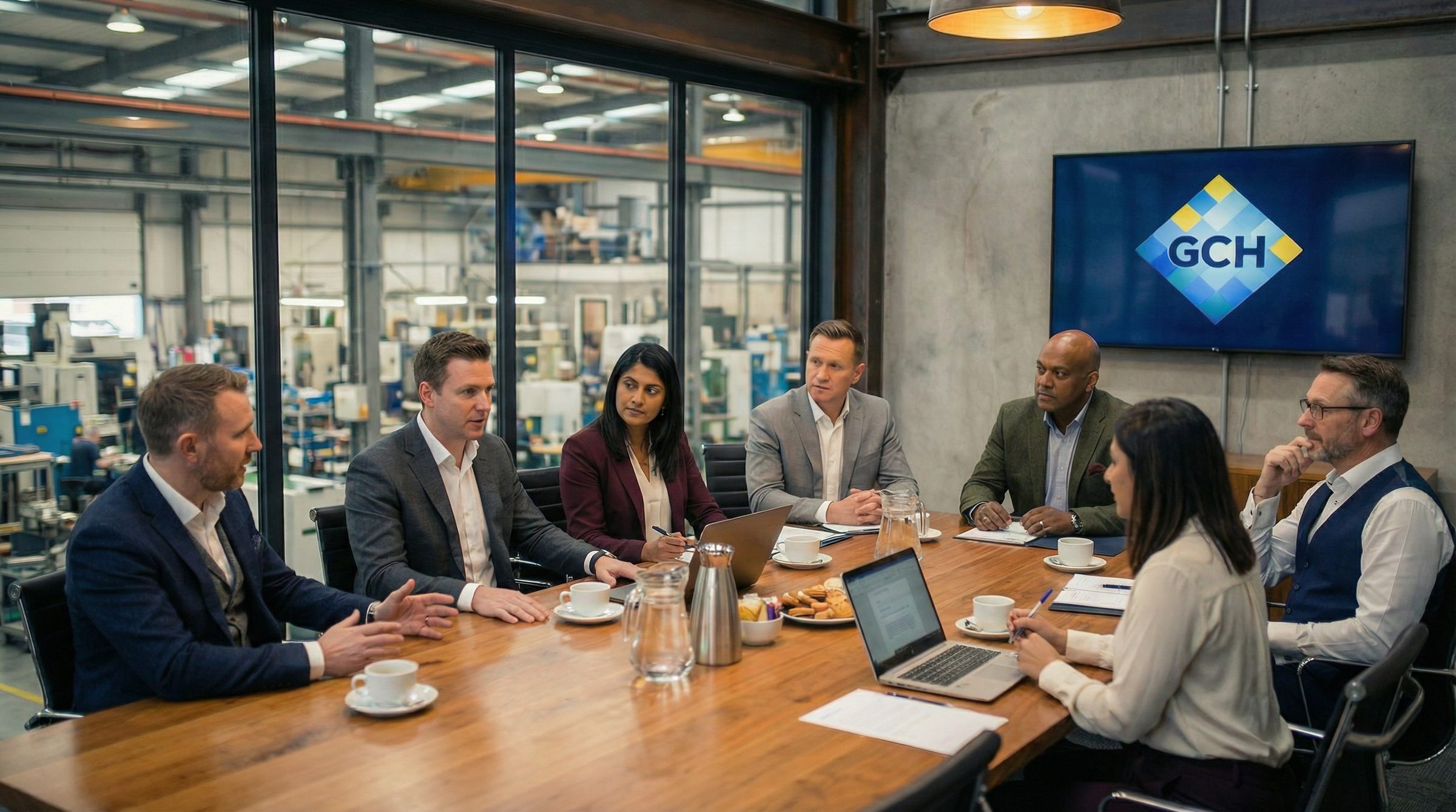 Professional MDs in industrial boardroom with GCH branding